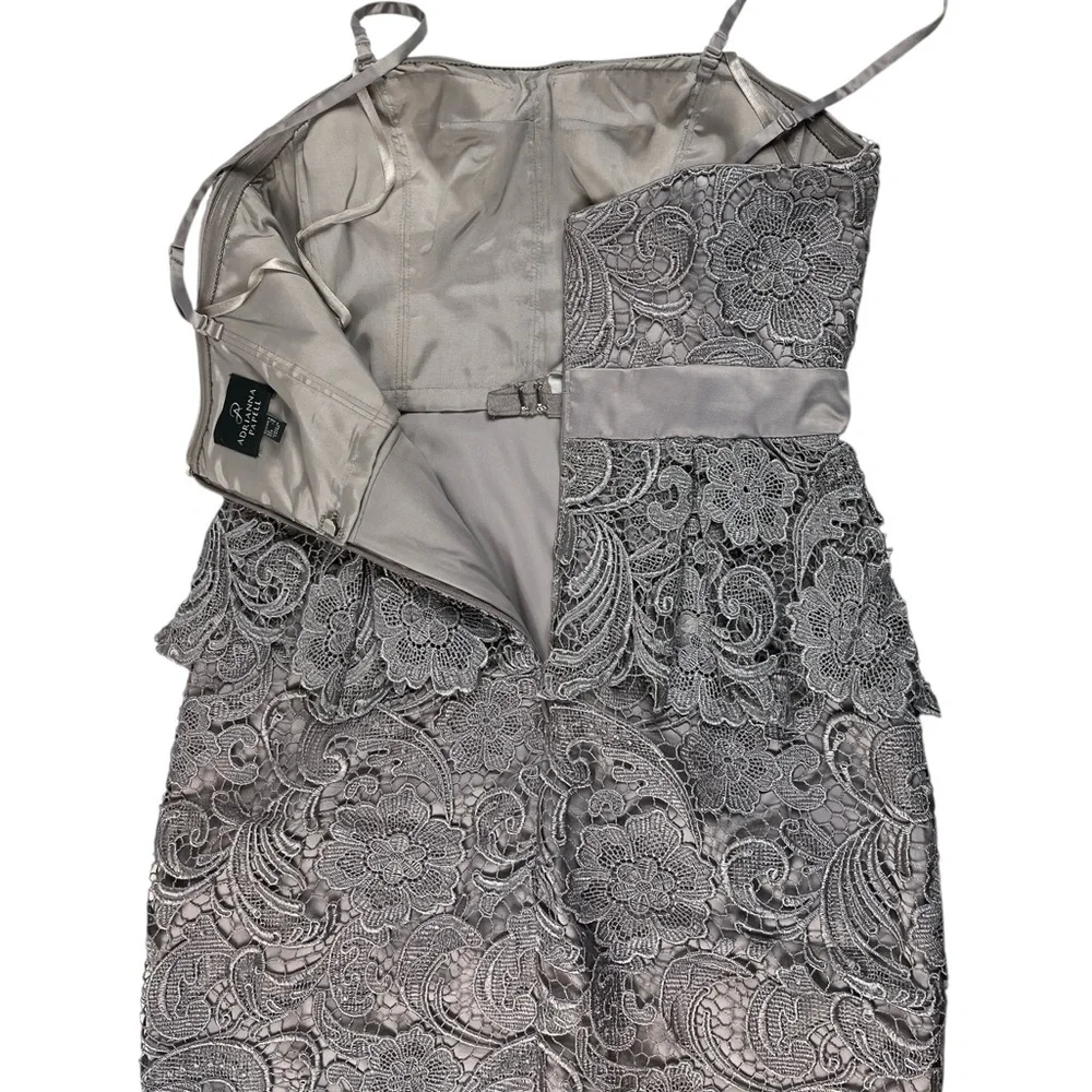 Adrianna Papell Gray Strapless Lace Lined Peplum Dress Size 4 Romantic Feminine